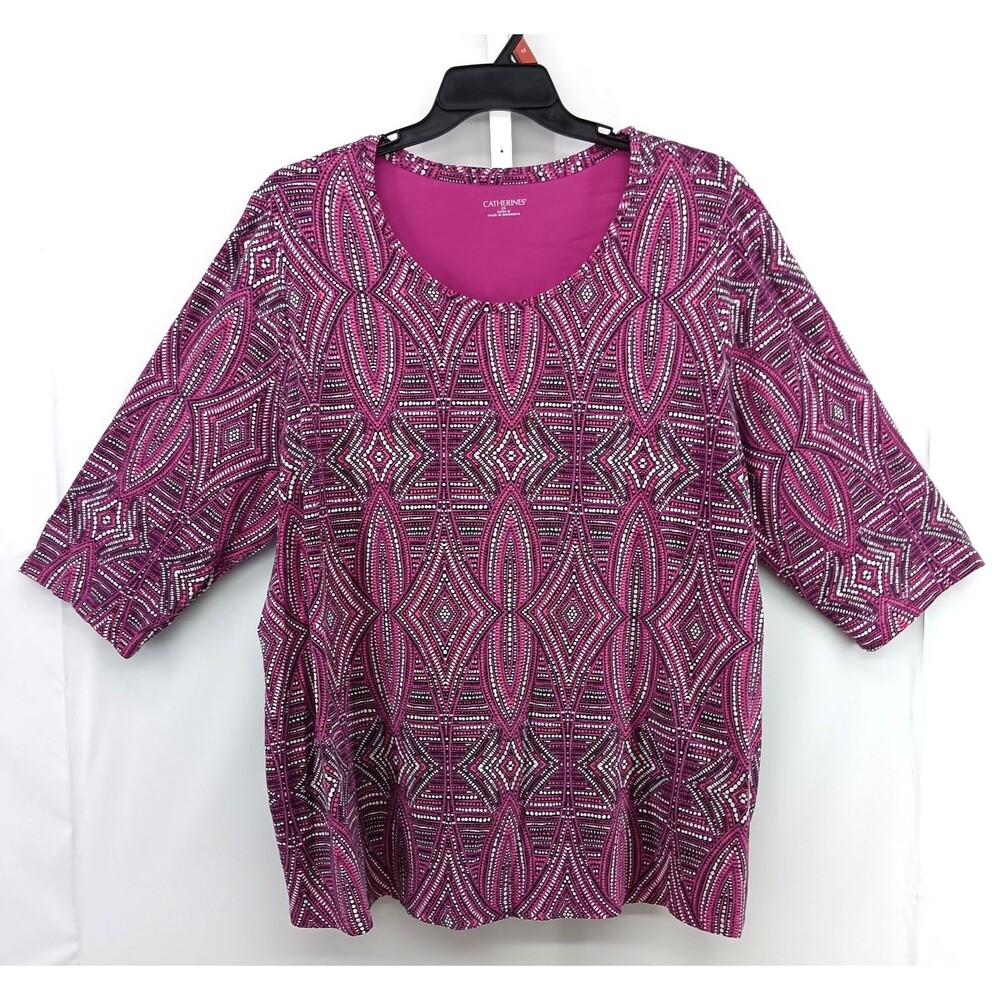 Catherines Shirt Womens Plus Size 2X Magenta Geometric 3/4 Sleeve Round Neck Top